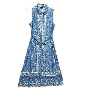 MSK Dress Womens XL Blue White Floral Sleeveless Midi Polyester Belted Casual